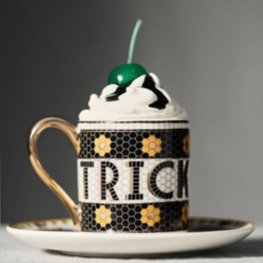 Anthropologie Bistro Tile Trick Or Treat Espresso 5 oz Cup & Saucer Set NIB